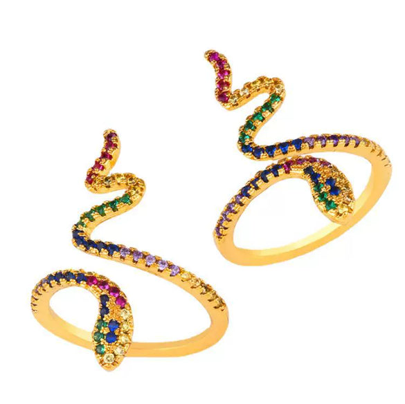 Snake Shape Micro Inlaid Zircon Colorful Diamond Ring Copper Electroplated Adjustable Open Ring Fashion Unisex