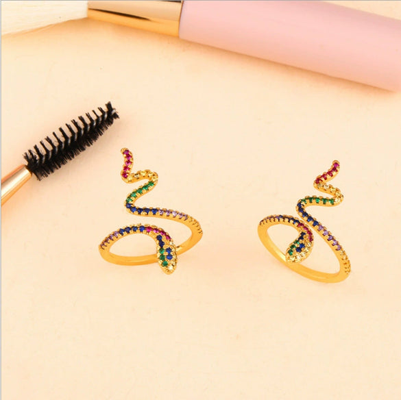 Snake Shape Micro Inlaid Zircon Colorful Diamond Ring Copper Electroplated Adjustable Open Ring Fashion Unisex