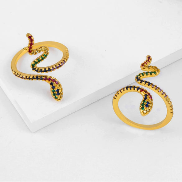 Snake Shape Micro Inlaid Zircon Colorful Diamond Ring Copper Electroplated Adjustable Open Ring Fashion Unisex
