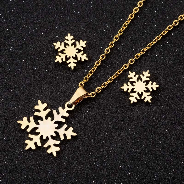 Snowflake Necklace And Earrings Set For Women Stainless Steel Electroplated Jewelry With Ochain Simple Christmas Gift