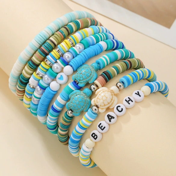 Soft Ceramic Handmade Ocean Series Overlapping Bracelet With Letters Numbers Text Pattern For Women