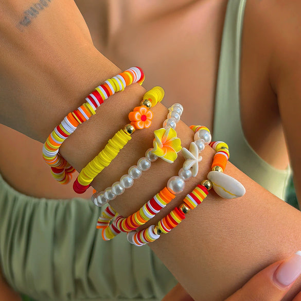 Soft Clay Handmade Fashion Sports Style Minimalist Flower Shell Stacked Bracelet