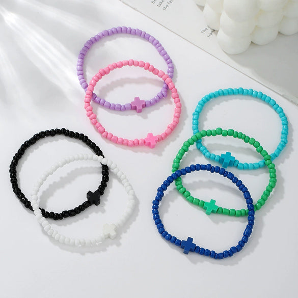 Soft Pottery And Rice Beads Handmade Geometric Cross Bracelet Unisex