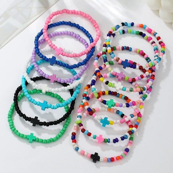 Soft Pottery And Rice Beads Handmade Geometric Cross Bracelet Unisex