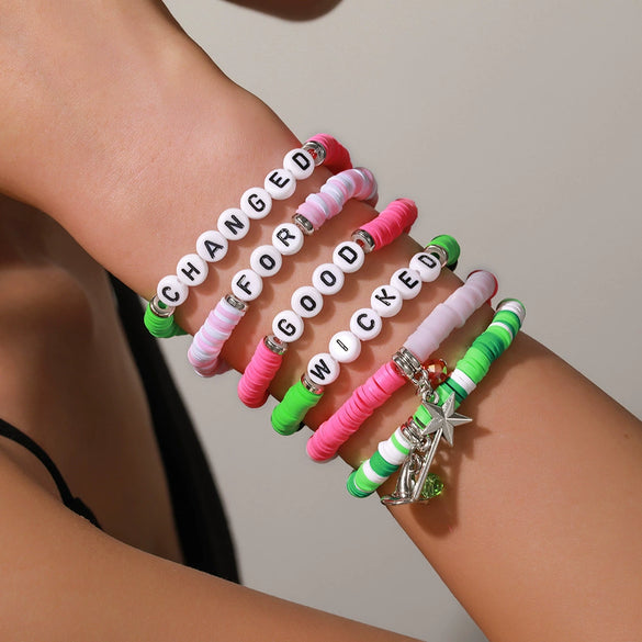Soft Pottery Stretch Bracelet With Magic Wand Pendant Polymer Clay Acrylic Glass Beads Geometric Handmade