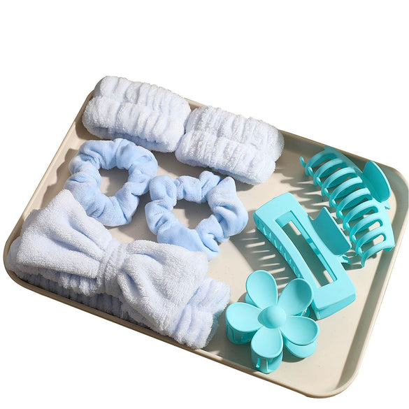 Soft Women's Hair Accessories Set With Bow Hair Tie Hairband Claw Clip In Blue Small Fresh Style With Painting Pattern