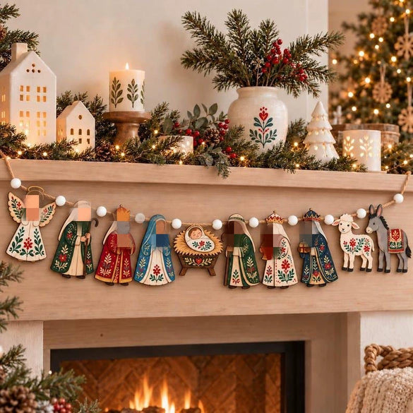 Solid Wood Christmas Advent Scene Decoration With Printed Figurine Design Decorative Wreath And Staircase Ornament