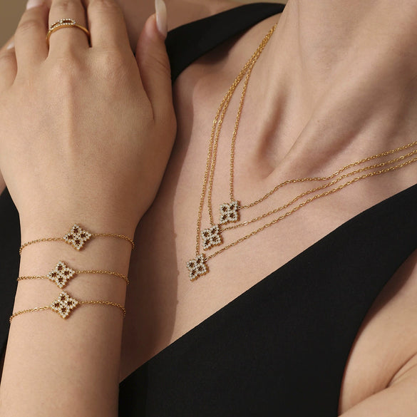 Sparkling Diamond Zircon Fourleaf Flower Multilayer Necklace Bracelet Set 316L Stainless Steel 18K Gold Plated Jewelry