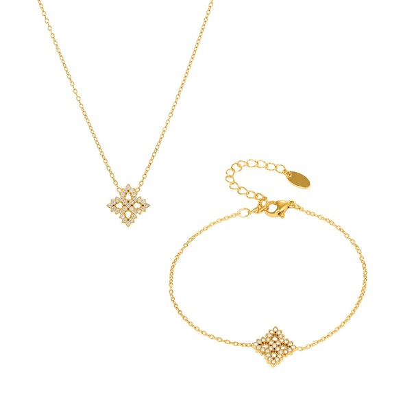 Sparkling Diamond Zircon Fourleaf Flower Multilayer Necklace Bracelet Set 316L Stainless Steel 18K Gold Plated Jewelry