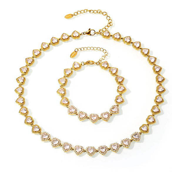 Sparkling Zircon Heart Patchwork Stainless Steel Necklace And Bracelet Set For Women Electroplated Heart Pattern Jewelry