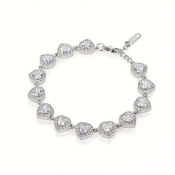 Sparkling Zircon Heart Patchwork Stainless Steel Necklace And Bracelet Set For Women Electroplated Heart Pattern Jewelry