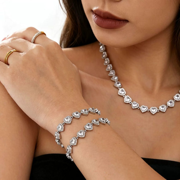 Sparkling Zircon Heart Patchwork Stainless Steel Necklace And Bracelet Set For Women Electroplated Heart Pattern Jewelry