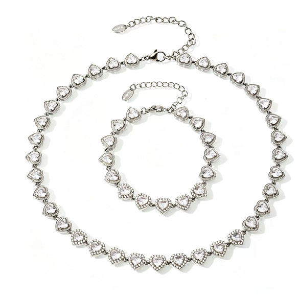Sparkling Zircon Heart Patchwork Stainless Steel Necklace And Bracelet Set For Women Electroplated Heart Pattern Jewelry