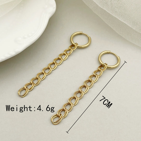 Specialshaped Double Chain Geometric Hoop Earrings With Long Tassel Stainless Steel Electroplated