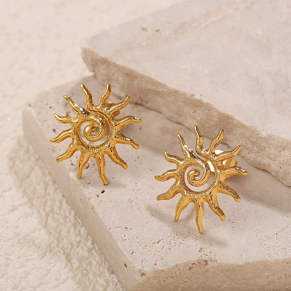 Specialshaped Twisted Sun 316L Stainless Steel Goldplated Earrings With Sunflower Design