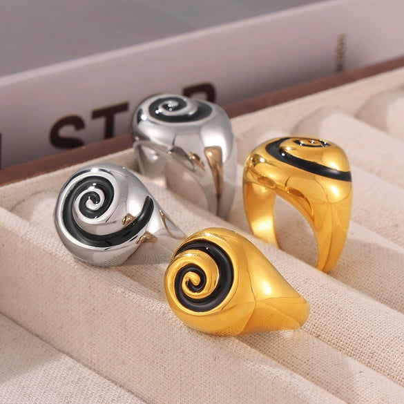 Spiral Pattern Oil Drop Titanium Steel 18K Gold Plated Finger Ring For Women With Electroplating Process Retro Ins Style Niche Design