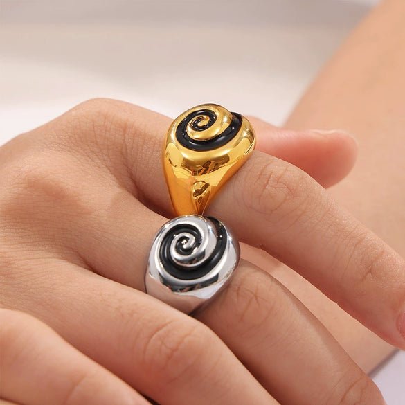 Spiral Pattern Oil Drop Titanium Steel 18K Gold Plated Finger Ring For Women With Electroplating Process Retro Ins Style Niche Design