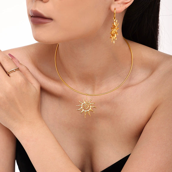 Spiral Sun Pendant Necklace And Fashion Earrings In Light Luxury Style Titanium Steel With 18K Gold Electroplated Jewelry