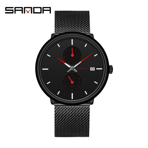 Sports Belt Quartz Watch For Men Zinc Alloy Case Mesh Band Stainless Steel Clasp Mineral Strengthened Glass Mirror Round Dial Waterproof Leisure Style