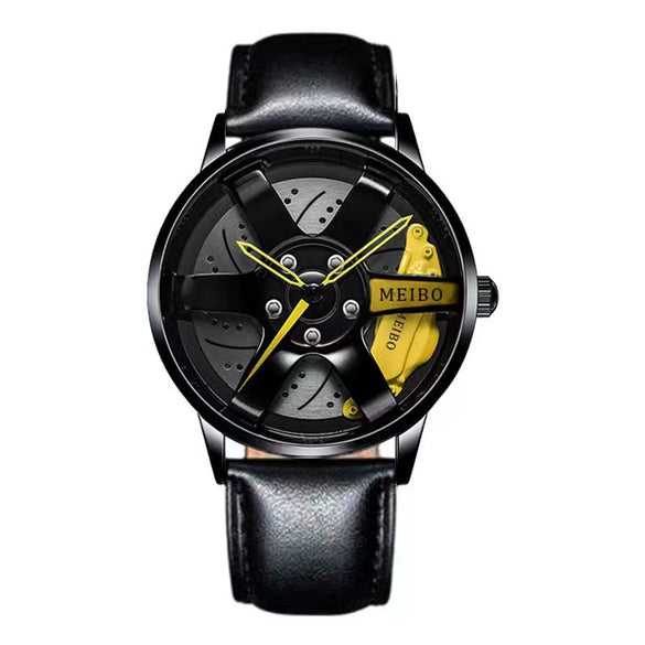 Sports Car Wheel Belt Quartz Watch For Men Alloy Case Imitation Leather Strap Stainless Steel Buckle Round Dial Leisure Style
