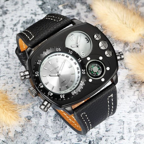 Sports Casual Watch Stainless Steel Leather Oval Dial Double Quartz Movement Compass Function