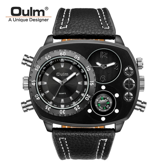 Sports Casual Watch Stainless Steel Leather Oval Dial Double Quartz Movement Compass Function