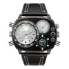 Sports Casual Watch Stainless Steel Leather Oval Dial Double Quartz Movement Compass Function