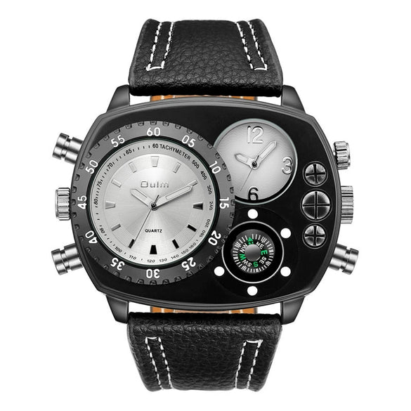 Sports Casual Watch Stainless Steel Leather Oval Dial Double Quartz Movement Compass Function