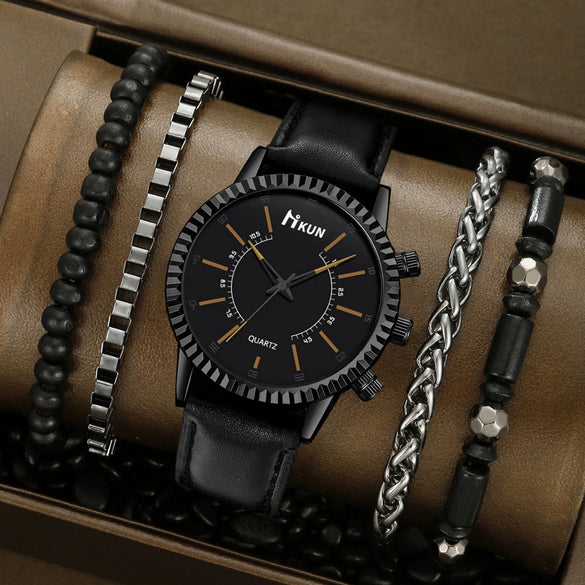 Sports Leisure Gear Dial Belt Quartz Watch Beaded Bracelet Alloy Case Imitation Leather Strap Round Dial Fashion Style