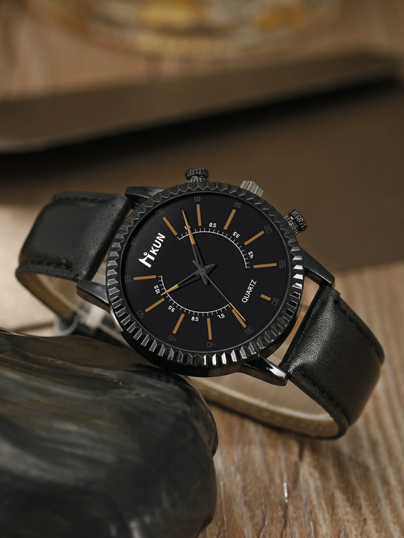Sports Leisure Gear Dial Belt Quartz Watch Beaded Bracelet Alloy Case Imitation Leather Strap Round Dial Fashion Style