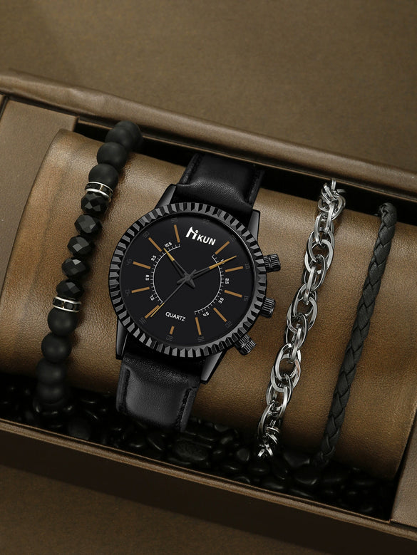 Sports Leisure Gear Dial Belt Quartz Watch Beaded Bracelet Alloy Case Imitation Leather Strap Round Dial Fashion Style