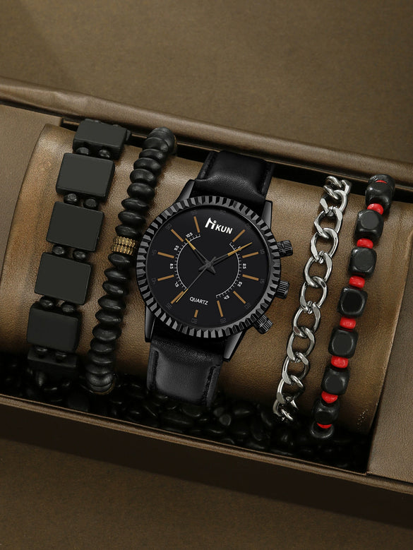 Sports Leisure Gear Dial Belt Quartz Watch Beaded Bracelet Alloy Case Imitation Leather Strap Round Dial Fashion Style
