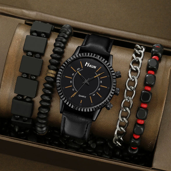 Sports Leisure Gear Dial Belt Quartz Watch Beaded Bracelet Alloy Case Imitation Leather Strap Round Dial Fashion Style