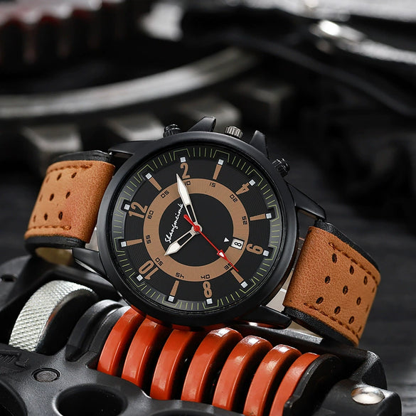Sports Men's Quartz Watch Alloy Case Imitation Leather Strap Stainless Steel Buckle Round Dial