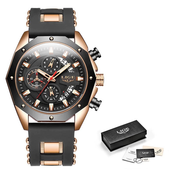 Sports Quartz Watch Alloy Case Silicone Strap Stainless Steel Clasp Round Dial For Adults