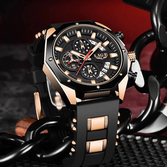 Sports Quartz Watch Alloy Case Silicone Strap Stainless Steel Clasp Round Dial For Adults