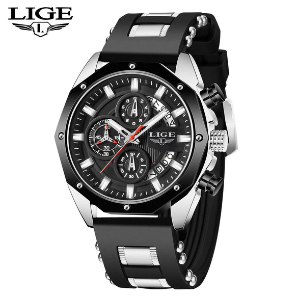 Sports Quartz Watch Alloy Case Silicone Strap Stainless Steel Clasp Round Dial For Adults