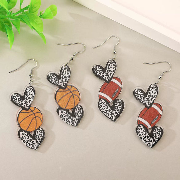 Sports Series Acrylic Heart Shape Printed Electroplated Earrings For Women