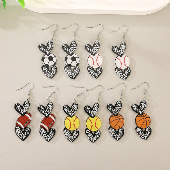 Sports Series Acrylic Heart Shape Printed Electroplated Earrings For Women