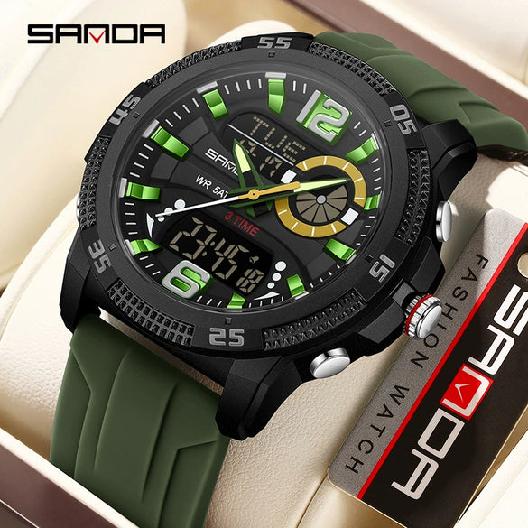 Sports Watch Dual Display Multifunction Luminous Digital Alarm Clock Silicone Strap Abs Case Acrylic Mirror Round Dial For Male And Female Students