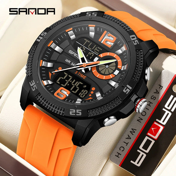 Sports Watch Dual Display Multifunction Luminous Digital Alarm Clock Silicone Strap Abs Case Acrylic Mirror Round Dial For Male And Female Students