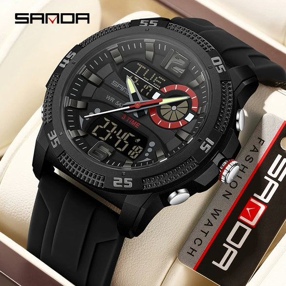Sports Watch Dual Display Multifunction Luminous Digital Alarm Clock Silicone Strap Abs Case Acrylic Mirror Round Dial For Male And Female Students