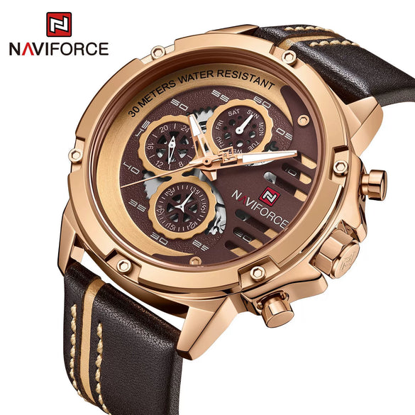 Sports Watch Genuine Leather Strap Metal Case Stainless Steel Clasp Quartz Calendar Week Luminous Waterproof Round Dial Men's Fashion