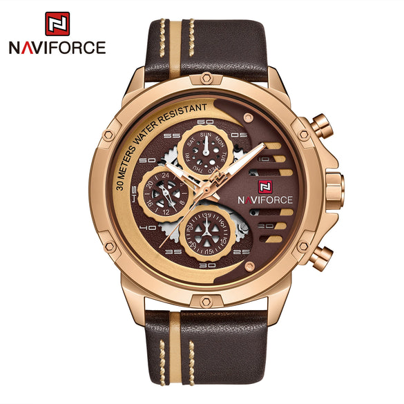 Sports Watch Genuine Leather Strap Metal Case Stainless Steel Clasp Quartz Calendar Week Luminous Waterproof Round Dial Men's Fashion