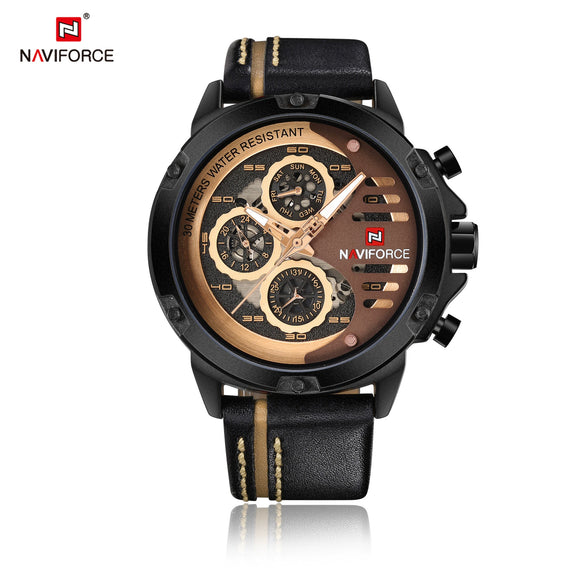 Sports Watch Genuine Leather Strap Metal Case Stainless Steel Clasp Quartz Calendar Week Luminous Waterproof Round Dial Men's Fashion