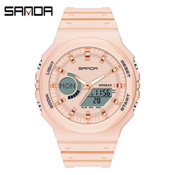 Sports Watch Metal Case Plastic Strap Octagonal Round Dial Luminous Alarm For Youth