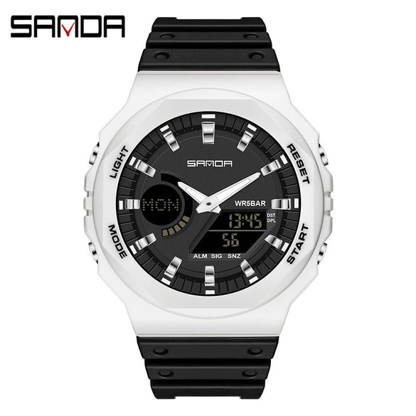 Sports Watch Metal Case Plastic Strap Octagonal Round Dial Luminous Alarm For Youth
