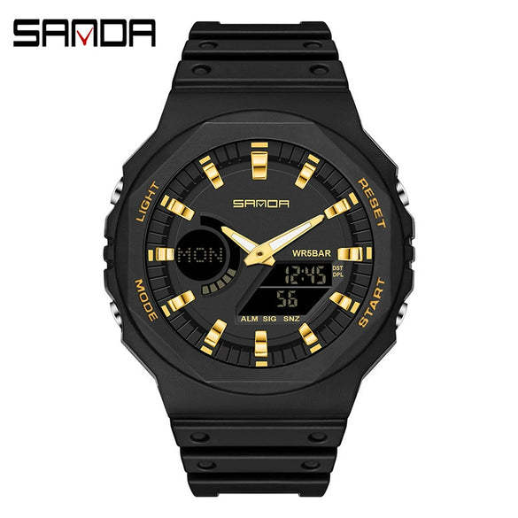 Sports Watch Metal Case Plastic Strap Octagonal Round Dial Luminous Alarm For Youth