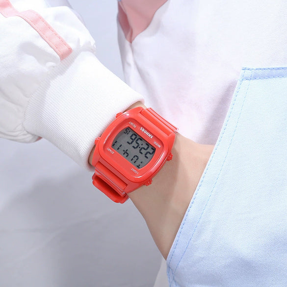 Sports Watch Plastic Silicone Stainless Steel Square Rectangle Luminous Electronic Alarm Couple Watch For Middle School Students