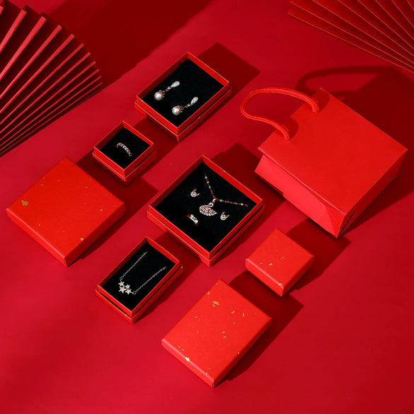 Spot Red Jewelry Storage Box For Ring Earrings Bracelet Necklace Made Of Paper And Cardboard With Sponge Lining